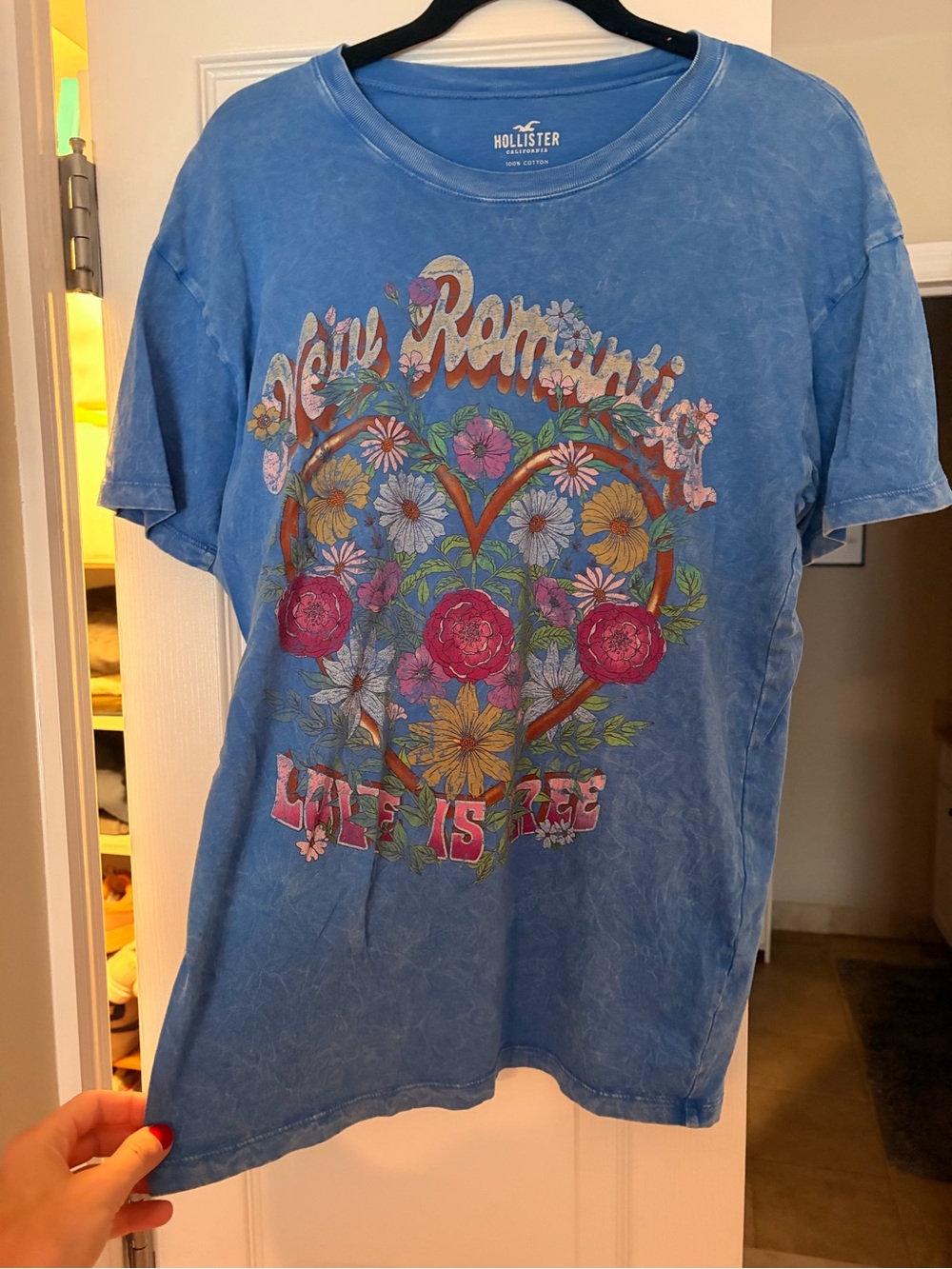 Hollister Blue Short-Sleeve Tee with Multicolor Floral Heart Graphic